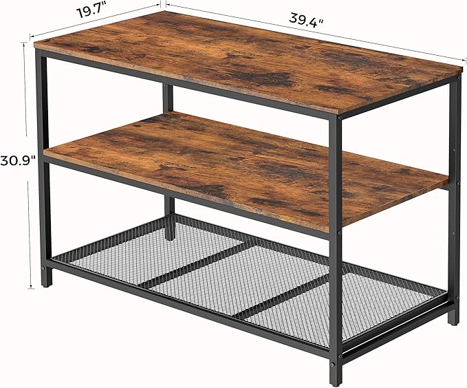 39.4" L Kitchen Island with 3 Shelves, Kitchen Shelf with Large Workstation, Bakers Rack, Workbench, Metal Frame, Rustic Brown and Black