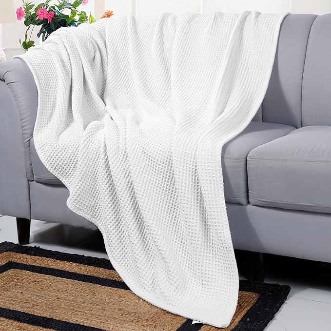 Bed & Bath Home Premium 100% Cotton Waffle Weave Blanket King Size – Soft Breathable Lightweight Comfort, Natural All-Season Bed Blanket, Easy-Care Bedspread for Bed & Couch (White)