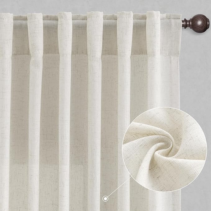 Joywell Beige White Back Tab Rod Pocket Linen Curtains 100 Inches Long 2 Panels for Living Room Bedroom Neutral Boho Farmhouse Rustic Light Filtering Semi Sheer Curtains Window Treatment 52x100