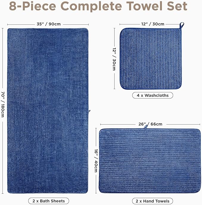 Oversized Bath Towels 8 Piece Towel Set, 2 Extra Large Bath Sheets, 2 Hand, 4 Washcloths, Luxury Soft Super Absorbent Thick Shower Towels for Bathroom, Spa & Hotel, Quick Dry, Navy Blue