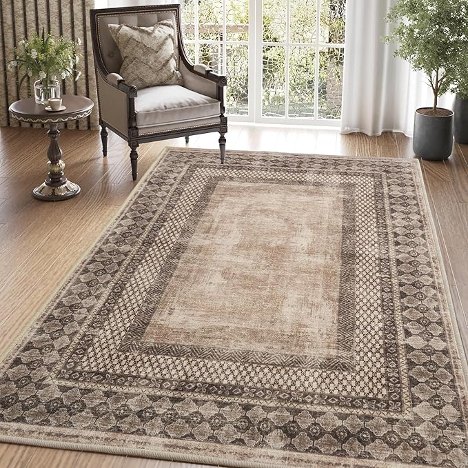 NICETOWN 8x10 Ultra-Thin Brown Oriental Rug for Bedroom, Tumble Washable Area Rugs 8x10, Boho Non-Slip Vintage Living Room Rugs, Oriental Carpet Entrance for Kitchen, Laundry, Bathroom, Bedroom