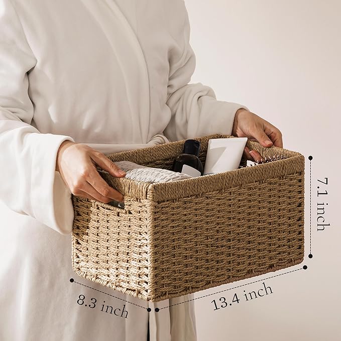 joybest Medium Wicker Baskets, Woven Paper Rope Storage Baskets for Organizing, Rectangular Storage Bins for Shelves with Handles for Pantry, 13.4L x 8.3W x 7.1H inch, 2-pack Natural