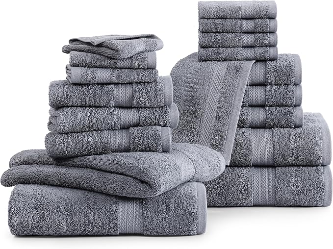 LANE LINEN 100% Cotton Towels for Bathroom - 18 Piece Family Pack - Super Soft & Quick Dry - 4 Bath, 8 Washcloth, 6 Hand Towels - Oeko TEX Certified, Machine Washable & Durable - Cool Grey
