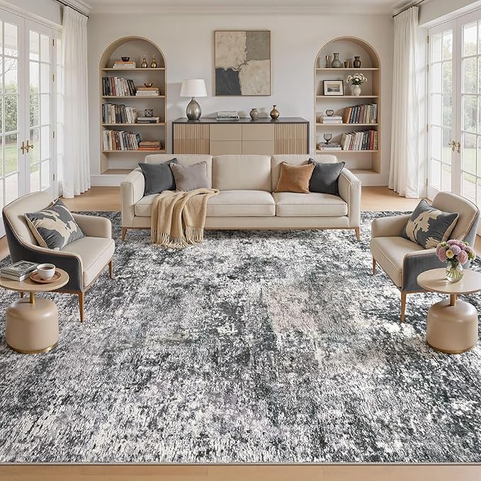 Area Rug Living Room Rugs - 10x14 Abstract Large Soft Indoor Washable Rug Neutral Modern Low Pile Carpet for Bedroom Dining Room Farmhouse Home Office - Grey
