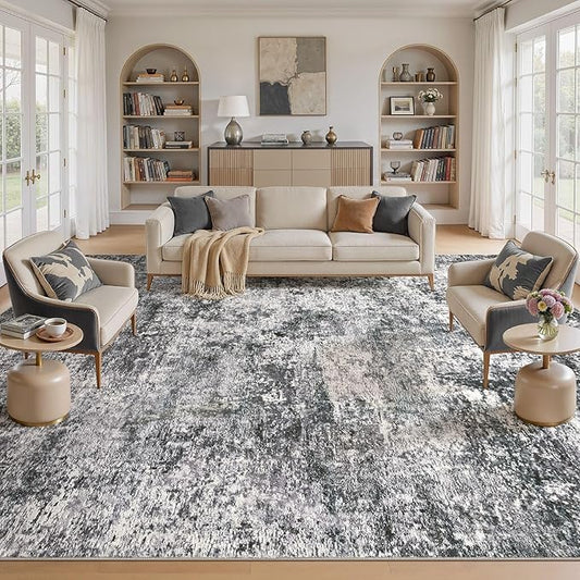 Area Rug Living Room Rugs - 10x14 Abstract Large Soft Indoor Washable Rug Neutral Modern Low Pile Carpet for Bedroom Dining Room Farmhouse Home Office - Grey