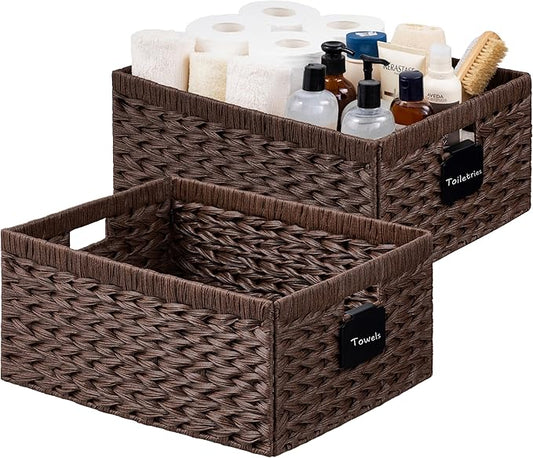 Storage Baskets with Label — Wicker Pantry Baskets for Shelves, Waterproof Woven Basket for Organizing, 2-Pack Plastic Rectangle Organizers with Handles, Dark Brown (16.5L×13W×7.5H)