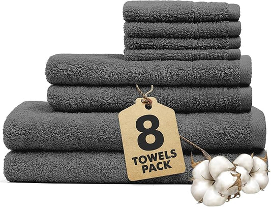 Bath Towels Set of 8 – 100% Cotton (Dark Grey) Bathroom Towel Set Bale Includes 2 Bath, 2 Hand, 4 Face Towels – Soft, Absorbent & Quick Dry Towel for Bathroom, Spa, Kitchen, Hotel Use