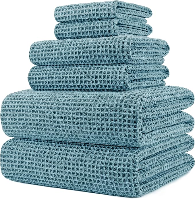 430 GSM Microfiber Quick Dry Lint Free Oversize Bath Towel Set, 6 Piece (Waffle Weave)