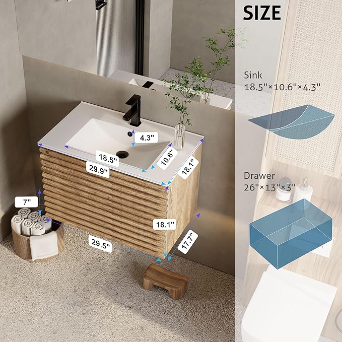 eclife 30" Floating Bathroom Vanity with Sink Combo Mid-Century Wall Mounted Cabinet with Wood Stripes Decor, Drawers, Undermount Sink, Faucet, Drain, Light Walnut