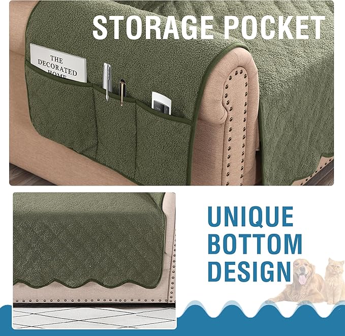 H.VERSAILTEX Waterproof Quilted Couch Covers Non Slip Sofa Covers Protector Slipcovers for Dogs, Covers for 3 Cushion Couch Sofa Pet Furniture Protector Modern Fleece Fabric (Sofa,Tea Tree)