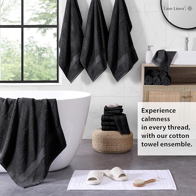 LANE LINEN 100% Cotton Black Towel Set for Bathroom - 18 Piece - Super Soft, Hotel Quality - 4 Bath, 8 Wash Cloths, 6 Hand Towels for Bathroom - Classic, Gentle on Skin, Ideal for Spa & Daily Use