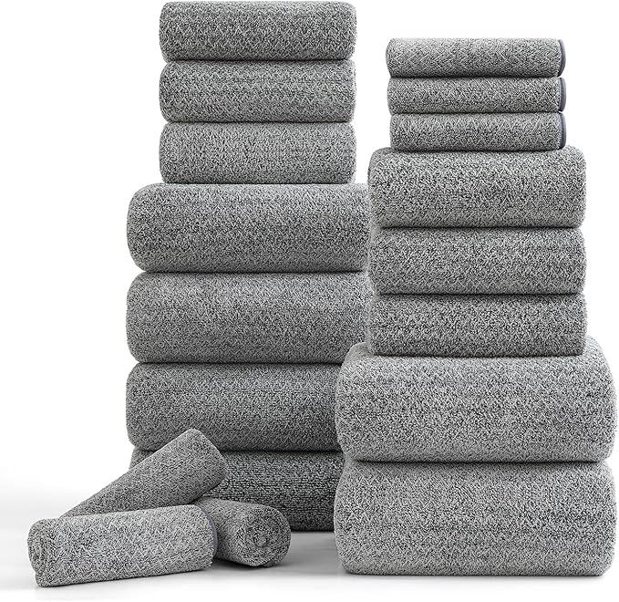 18 Piece Bath Towels Set,100% Microfiber Family Bathroom Towel with Hanging Loops-6 Bath Towels,6 Hand Towels,6 Washcloths,Quick Dry Highly Absorbent Shower Towel for Bathroom,Hotel,Spa-Grey