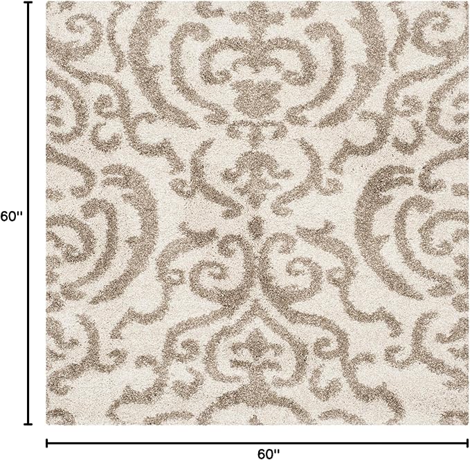 SAFAVIEH Florida Shag Collection Area Rug - 5' Square, Cream & Beige, Damask Design, Non-Shedding & Easy Care, 1.2-inch Thick Ideal for High Traffic Areas in Living Room, Bedroom (SG462-1113)