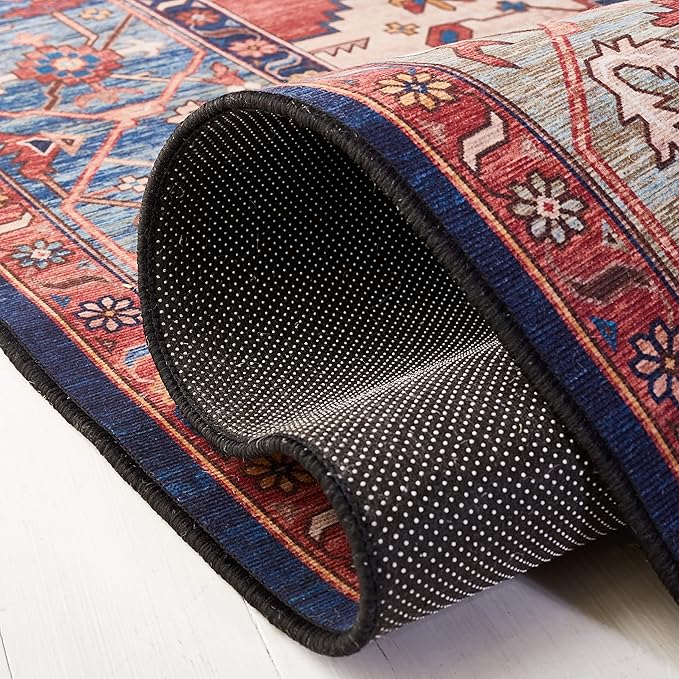 SAFAVIEH Washable Rug Tucson Collection - 4' x 6', Rust & Blue, Slip Resistant & Easy to Clean, Ideal for Foyer, Kitchen, Nursery, Office, Bedroom (TSN153P)