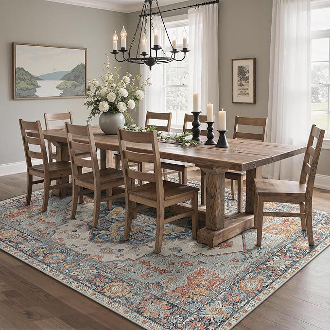 GENIMO 8x10 Area Rugs for Living Room, Machine Washable Non Slip Rugs, Low Pile Lightweight Print Rug for Bedroom, Dining Room, Home Office, Vintage Blue/Amber