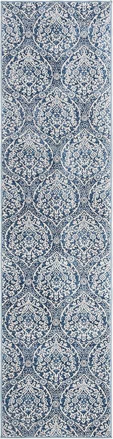 SAFAVIEH Brentwood Collection 2' x 10' Navy / Light Grey BNT860M Floral Damask Ogee Trellis Non-Shedding Living Room Entryway Foyer Hallway Bedroom Runner Rug