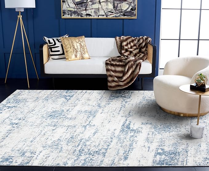SAFAVIEH Amelia Collection X-Large Area Rug - 12' x 18', Ivory & Blue, Modern Abstract Design, Non-Shedding & Easy Care, Ideal for High Traffic Areas in Living Room, Bedroom (ALA700A)