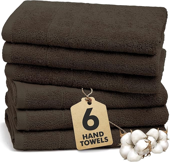 100% Cotton Hand Towels for Bathroom – Soft & Absorbent Towel Set– Pack of 6 Small Towel (34x20in) – Quick Dry Luxury Cotton Hand Towels – Dark Brown