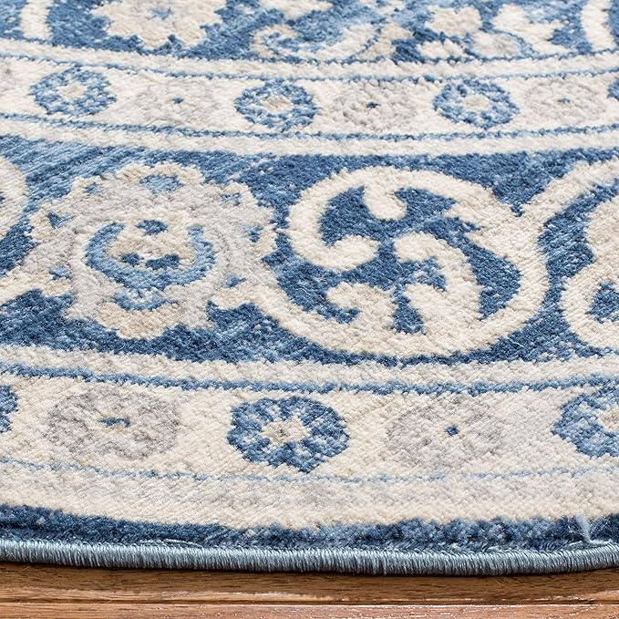 SAFAVIEH Brentwood Collection 5' Round Navy / Light Grey BNT870M Oriental Damask Trellis Non-Shedding Dining Room Entryway Foyer Living Room Bedroom Area Rug