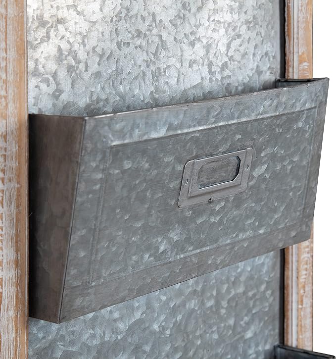 Kate and Laurel Idamae Farmhouse Wood Wall Organizer with Hooks; 28 x 25; White; Decorative Rustic Wall Organizer with Mail Holder; Chalkboard; and Three Key Holder Hooks