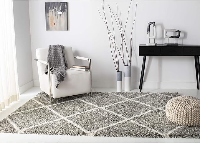 SAFAVIEH Hudson Shag Collection Area Rug - 5' Square, Grey & Ivory, Modern Trellis Design, Non-Shedding & Easy Care, 2-inch Thick Ideal for High Traffic Areas in Living Room, Bedroom (SGH281B)