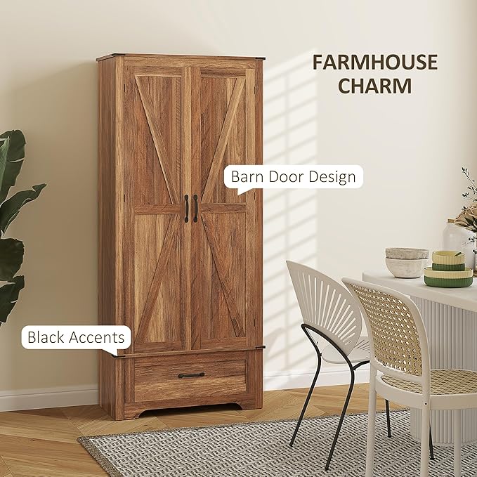HOMCOM 72" Tall Farmhouse Kitchen Pantry Cabinet - Kitchen Storage Cabinet with Adjustable Shelves & 2 Barn Doors & Drawer, Versatile Storage Unit for Dining Room, Brown