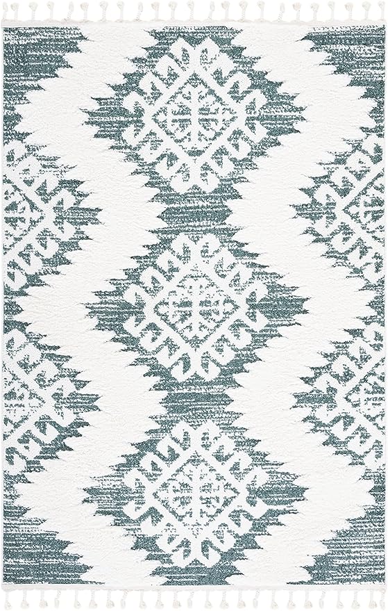 SAFAVIEH Area Rug 8x10 - Moroccan Tassel Shag Collection - Large - Green & Ivory, Boho Design, Non-Shedding & Easy Cleaning, Plush Pile, Ideal for Living Room, Bedroom, Dining Space (MTS652Y)