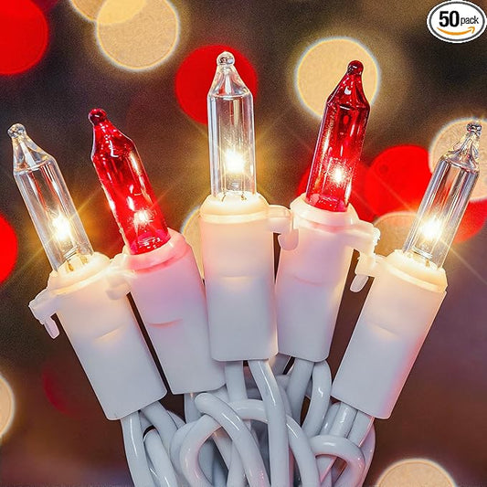 Red Clear Christmas Lights,13FT 50 Count Incandescent Mini Light,White Wire Christmas String Lights Plug in Waterproof for Tree Xmas Wedding Indoor Outdoor Valentine's Day Decor (Red Clear, 50 Count)