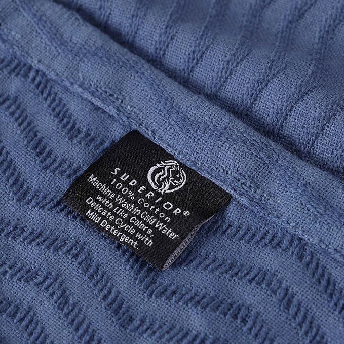 Superior JENA Cotton Blanket Picnic, Beach, Traveling or Camping, Bedroom, Essentials, Cover for Bed, Couch, Lounging, Textured Jacquard, Modern Chevron Woven Blanket, California King, Merritt Blue