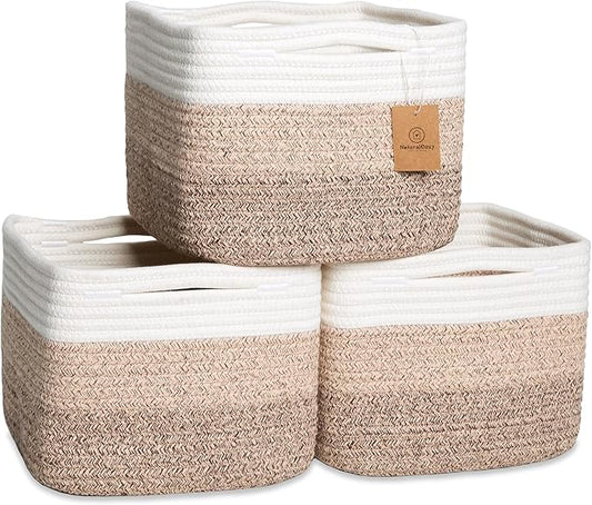Storage Cubes 9”x9”x7”Cotton Rope Woven Baskets for Organizing 3-Pack — 9 Inch Cube Storage Bin — Small Basket for Shelf Nursery, Pantry, Decorative Plant, Bathroom Closet, Toy Gift
