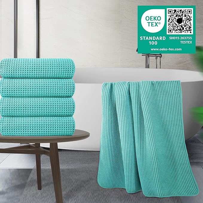 430 GSM Microfiber Oversize Quick Dry Lint Free Bath Towel, 60 x 30 in, 4 Pack (Waffle Weave)