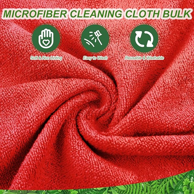 Preboun 300 Pack 12 x 16 Inch Microfiber Cleaning Cloth Bulk Multipurpose Reusable Washable Cleaning Rags Absorbent Towels for House, Kitchen, Car, Office, Window(Red)