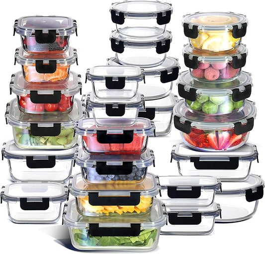 EATEX 48pc Glass Storage Containers with Lids, 24 Set Glass Food Storage Containers with 24 Airtight Lids, Pantry Kitchen Meal Prep Containers for Lunch, Freezer Storage Containers, Dishwasher Safe