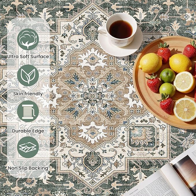 Vintage Entryway Area Rug 2x3 - Large Soft Washable Oriental Traditional Distressed Farmhouse Rugs for Bedroom - Indoor Floor Accent Carpet for Home Office House Decor - Vintage Green