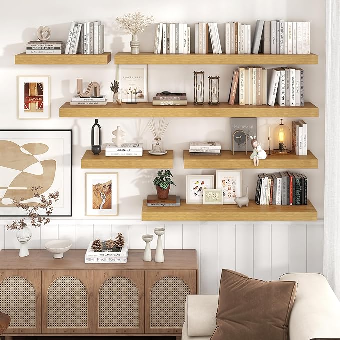 Floating Shelves for Wall, 24 Inch Wide x 12 Inch Deep Floating Shelves, Long Wood Floating Wall Shelf Shelves for Living Room Bathroom Bedroom Kitchen Home - (Oak, 24" W x 12" D x 2" H)