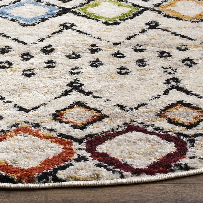 SAFAVIEH Amsterdam Collection Area Rug - 6'7" Round, Ivory & Multi, Moroccan Boho Design, Non-Shedding & Easy Care, Ideal for High Traffic Areas in Living Room, Bedroom (AMS108K)