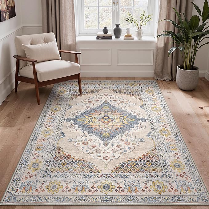 GENIMO 8x10 Area Rugs for Living Room, Machine Washable Non Slip Rugs, Low Pile Lightweight Print Rug for Bedroom, Dining Room, Home Office, Vintage Cream/Blue