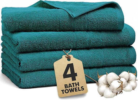 Bath Towels Set of 4 – 100% Cotton Teal Extra Large Towels for Bathroom, Spa Use (55x28 in) – Super Soft and Quick Dry Large Bath Sheets for Adults