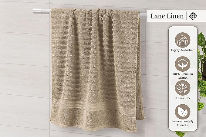 LANE LINEN Bathroom Towel Set 6 Piece - 100% Zero Twist Cotton - Super Soft & Highly Absorbent - 2 Bath, 2 Washcloths, 2 Hand Towels for Bathroom - Fade Resistant, Durable with a Luxury Look - Taupe