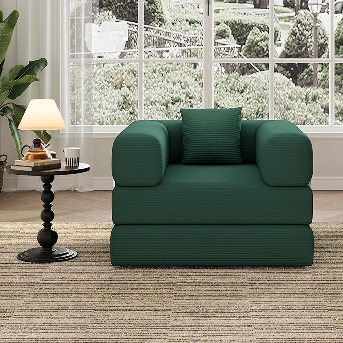 Folding Sofa Bed, 2 in 1 Convertible Sofas to Lounger Comfy Single Bean Bag Chair Floor Portable Foldable Sleeper Lazy Futon Couch Chair for Bedroom, Living Room (Green, 35.43" Single Sofa)