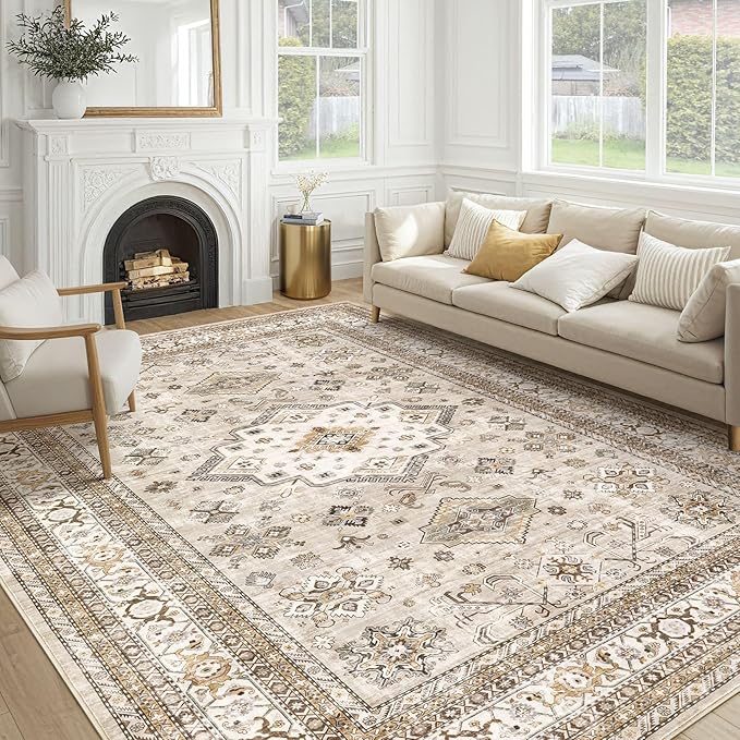 Vintage Living Room Area Rug 6x8 - Large Soft Washable Oriental Traditional Distressed Farmhouse Rugs for Bedroom - Indoor Floor Accent Carpet for Home Office House Decor - Beige