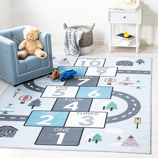 SAFAVIEH Washable Rug Kids Playhouse Collection - 6'7" x 9', Grey & Blue, Slip Resistant & Easy to Clean, Ideal for Kids Room, Playroom, Nursery, Boys & Girls Room (KPH226F)