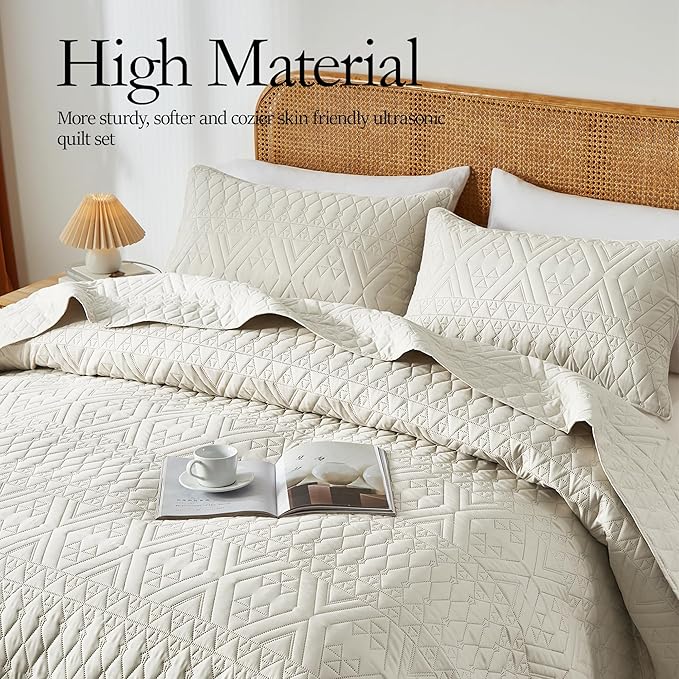 King/Cal King Quilt Set 3-Piece - Boho Cream Lightweight Bedspread
