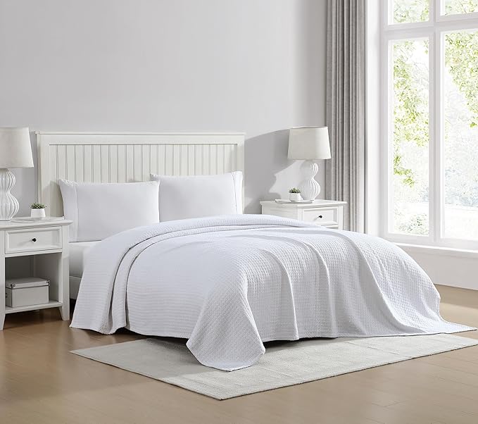 Beatrice Home Fashions Grand Hotel Lightweight All-Natural 100% Cotton Waffle Weave Blanket, Full/Queen, White