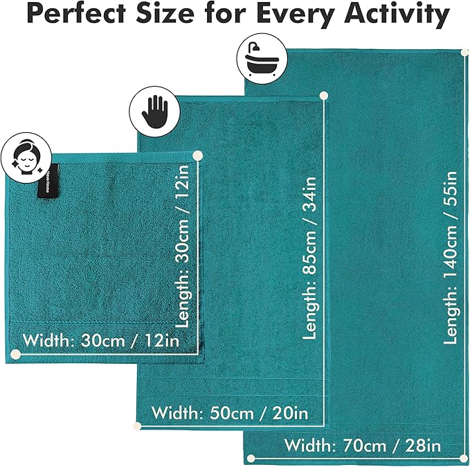 Bath Towels Set of 8 – 100% Cotton (Teal) Bathroom Towel Set Bale Includes 2 Bath, 2 Hand, 4 Face Towels – Soft, Absorbent & Quick Dry Towel for Bathroom, Spa, Kitchen, Hotel Use