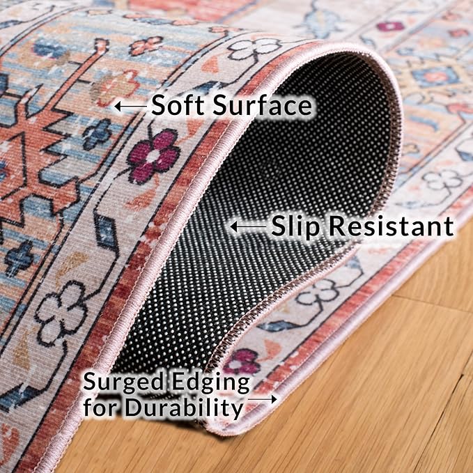 SAFAVIEH Washable Rug Tucson Collection - 2'6' x 6' Runner, Beige & Blue, Slip Resistant & Easy to Clean, Ideal for Hallway, Foyer, Entryway, Bedroom (TSN109B)