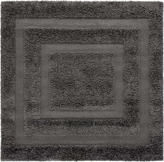 SAFAVIEH Florida Shag Collection Area Rug - 5' Square, Grey & Grey, Border Design, Non-Shedding & Easy Care, 1.2-inch Thick Ideal for High Traffic Areas in Living Room, Bedroom (SG454-8080)