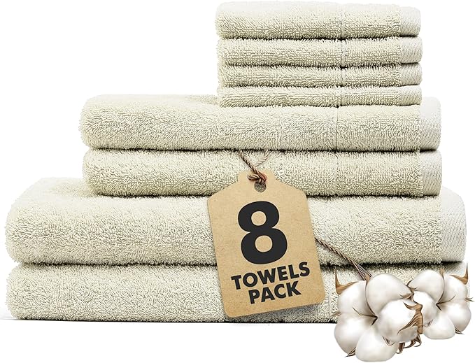 Bath Towels Set of 8 – 100% Cotton (Ivory) Bathroom Towel Set Bale Includes 2 Bath, 2 Hand, 4 Face Towels – Soft, Absorbent & Quick Dry Towel for Bathroom, Spa, Kitchen, Hotel Use