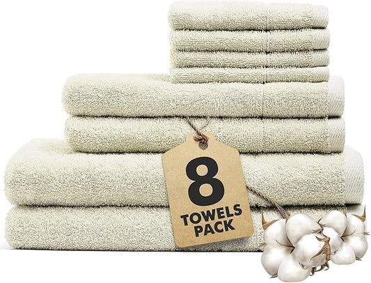 Bath Towels Set of 8 – 100% Cotton (Ivory) Bathroom Towel Set Bale Includes 2 Bath, 2 Hand, 4 Face Towels – Soft, Absorbent & Quick Dry Towel for Bathroom, Spa, Kitchen, Hotel Use