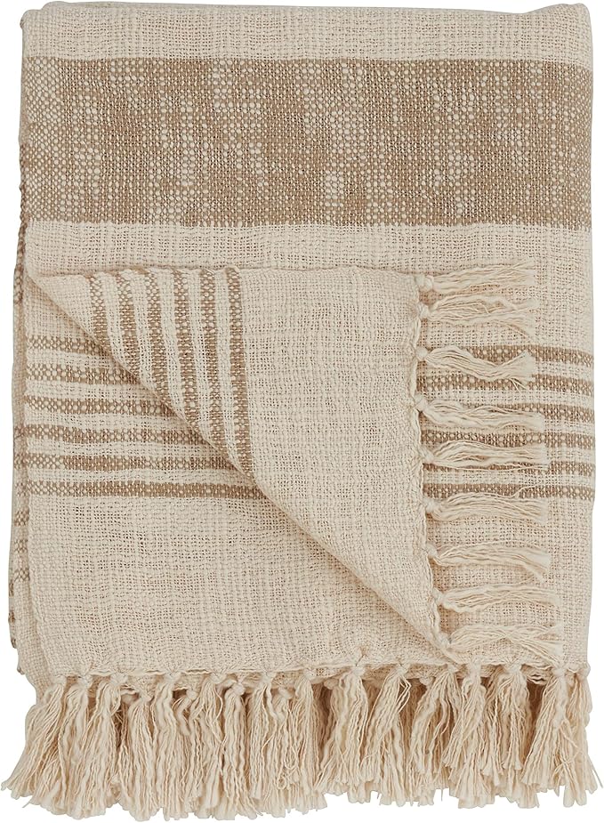 SARO LIFESTYLE Striped Cotton Throw Blanket with Tasseled Trim, Natural, 50"x60"